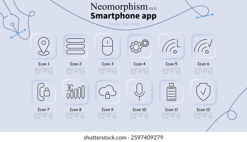 Smartphone app set icon. Location, menu, mouse, settings, weak signal, strong signal, locked call, equalizer, secure cloud, microphone, battery, shield check.