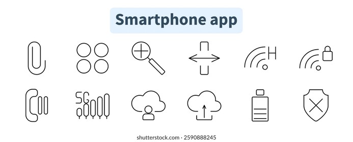 Smartphone app set icon. Paperclip, app icons, magnifier, navigation, Wi-Fi, call, analytics, cloud user, cloud upload, battery, shield.