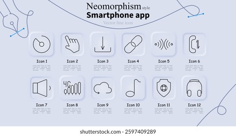 Smartphone app set icon. Speedometer, tap gesture, download, pills, audio waves, call disconnect, volume, equalizer, cloud sync, music note, shield, headphones