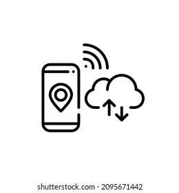 Ubicación de uso compartido de aplicaciones Smartphone y conexión a un almacenamiento de datos en la nube. Icono de trazo de píxeles perfecto, modificable