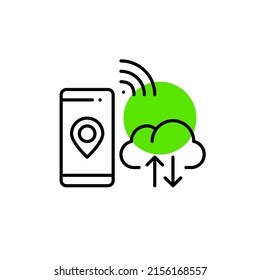 Ubicación de uso compartido de aplicaciones Smartphone y conexión a un almacenamiento de datos en la nube. Icono de línea de dibujo de píxeles perfecto, modificable
