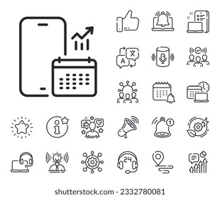 Smartphone app sign. Place location, technology and smart speaker outline icons. Phone calendar line icon. Cellphone mobile device symbol. Phone calendar line sign. Vector