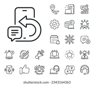 Smartphone app sign. Place location, technology and smart speaker outline icons. Phone message line icon. Cellphone mobile device symbol. Phone message line sign. Vector