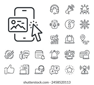 Smartphone app sign. Place location, technology and smart speaker outline icons. Phone image line icon. Cellphone mobile device symbol. Phone image line sign. Influencer, brand ambassador icon. Vector