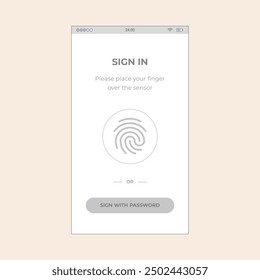 Smartphone App Sign in screen with Fingerprint and password button. Vector mobile wireframe editable design for mobile, with sample data and real user interface graphic details ready for ux ui project