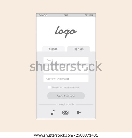 Smartphone App Sign Up Screen with user, password and sign in tabs. Vector mobile wireframe editable design for mobile, with sample data and real user interface graphic details ready for ux ui project