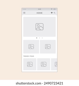 Smartphone App site homepage screen with slider and sections. Vector mobile wireframe editable design for mobile, with sample data and real user interface graphic details ready for ux ui projects.