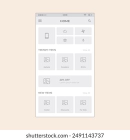 Smartphone App site homepage screen with icons and image sections. Vector mobile wireframe editable design for mobile, with sample data and real user interface graphic details ready for ux ui projects