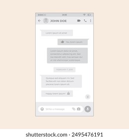 Smartphone App Social Activity screen with chat texts messages. Vector mobile wireframe editable design for mobile, with sample data and real user interface graphic details ready for ux ui projects.