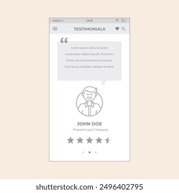 Smartphone App Testimonials Screen with avatar, chat and stars. Vector mobile wireframe editable design for mobile, with sample data and real user interface graphic details ready for ux ui projects.