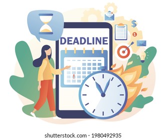 Smartphone app for time management and productivity control. Deadline concept. Tiny woman organizes workflow, effective time management. Modern flat cartoon style. Vector illustration
