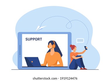 Smartphone app user chatting with support center operator. Woman in headphones giving answer to customer. Flat vector illustration. Online help concept for banner, website design or landing web page