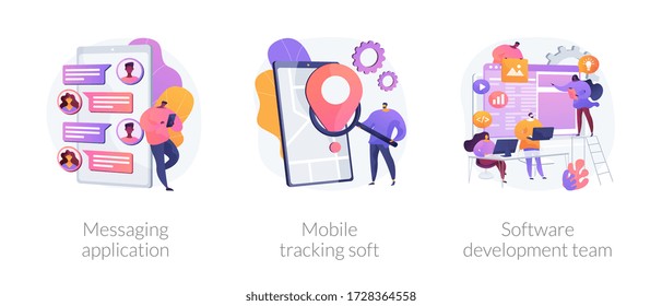 Smartphone application abstract concept vector illustration set  Messaging application  mobile tracking soft  software development team  chat app  gps tracking  outsource company abstract metaphor 
