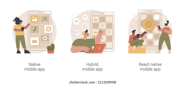 Smartphone Application Abstract Concept Vector Illustration Set. Native, Hybrid And React-native Mobile App, Programming Language, Operating System, Online Store, Marketplace Abstract Metaphor.