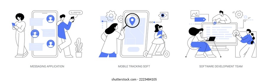 Smartphone application abstract concept vector illustration set. Messaging application, mobile tracking soft, software development team, chat app, gps tracking, outsource company abstract metaphor.