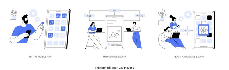 Smartphone application abstract concept vector illustration set. Native, hybrid and react-native mobile app, programming language, operating system, online store, marketplace abstract metaphor.