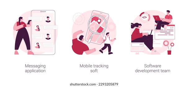 Smartphone application abstract concept vector illustration set. Messaging application, mobile tracking soft, software development team, chat app, gps tracking, outsource company abstract metaphor.