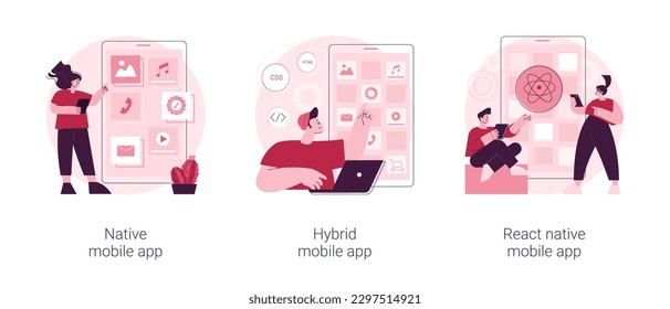 Smartphone application abstract concept vector illustration set. Native, hybrid and react-native mobile app, programming language, operating system, online store, marketplace abstract metaphor.