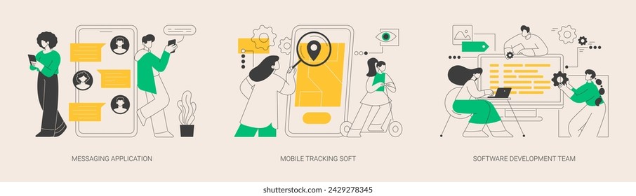 Smartphone application abstract concept vector illustration set. Messaging application, mobile tracking soft, software development team, chat app, gps tracking, outsource company abstract metaphor.