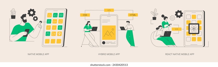 Smartphone application abstract concept vector illustration set. Native, hybrid and react-native mobile app, programming language, operating system, online store, marketplace abstract metaphor.