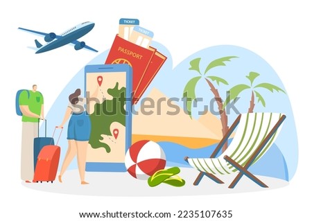 Smartphone application booking service, couple family character choice train, flight vacation ticket flat vector illustration, isolated on white.