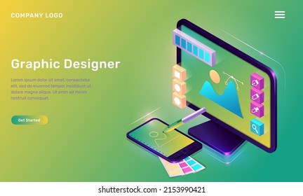 Smartphone application with business graph and analytics data on isometric mobile phone. Analysis trends and software development coding process concept. Programming, cross-platform code testing.
