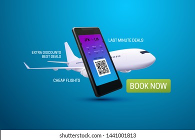 Smartphone application for buying flight tickets. Vector 3d illustration of phone and airplene. Online travel agency concept. Booking service. Last minute deal. Advertising banner.