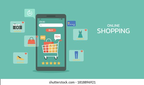 smartphone application with cart, shopping bag, and icon for online shopping concept, web and banner, flat vector illustration