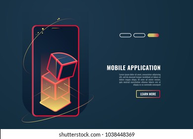 Smartphone application concept for header or footer banner. Layout template of banner of mobile app. Vector illustration in 3d style