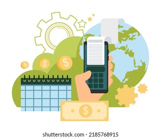 Smartphone application concept with online ordering and payment function worldwide. Creative modern design illustration. Vector infographic.