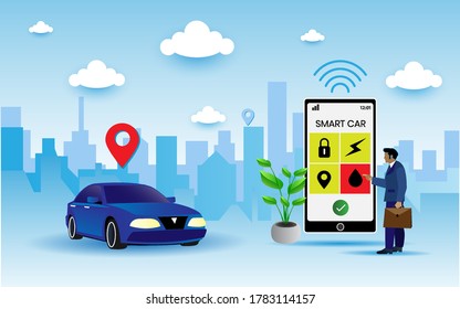 Smartphone-App zur Steuerung des Smartphones über das Internet. das Smart Car sendet Informationen über seinen Status an das Smartphone. Vektorgrafik.