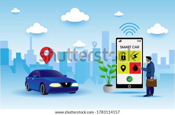 smartphone application to control the smart
car by internet. the smart car sends information about its status
to the smart phone. Vector
illustration.