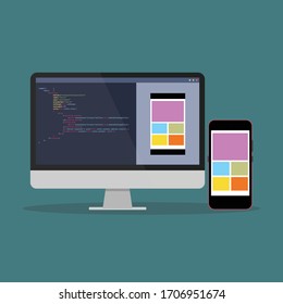 smartphone application development process flat vector illustration. Software API prototyping and testing background. Smartphone interface building process, unique flat icon for mobile app development