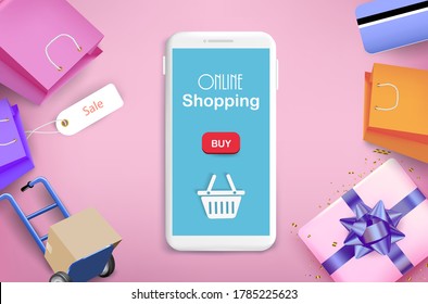 Smartphone Application With Gift Box And Cart Top View For Online Shopping