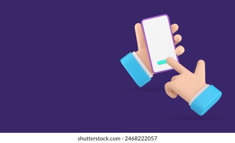 Smartphone application hand click button empty screen copy space menu 3d icon realistic vector illustration. Touchscreen mobile phone digital app user cellphone display internet digital technology