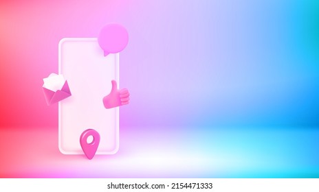 Smartphone with application icons. Vector 3d banner with copy space