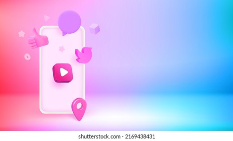 Smartphone mit Anwendungssymbolen. Vektor3D-Banner mit Kopienraum