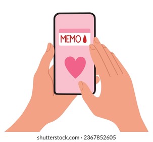 Smartphone application informs about upcoming menstruation cycle. Hands holding phone with app notification about period. Isolated vector illustration