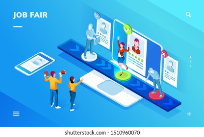 Smartphone Application Isometric Screen For Job Recruit Or Career Expo, Recruiting Interview Or Employer Hiring. Candidates On Conveyor In Front Of Ceo. Person Choice For Vacancy. HR Agency Concept