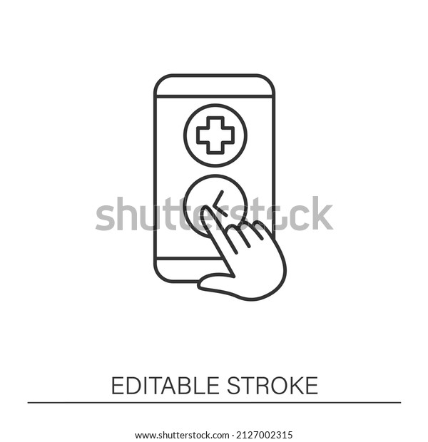  Smartphone application\
line icon. Real time consultation. Telemedicine, health\
care.Telehealth concept. Isolated vector illustration. Editable\
stroke