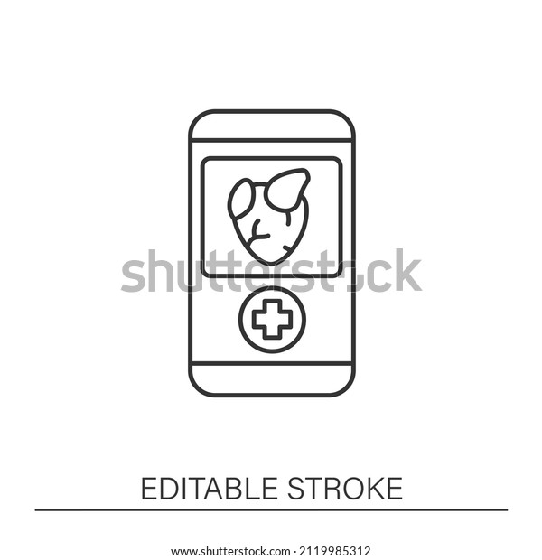  Smartphone application line icon.\
Telecardiology. Virtual consultation with a cardiologist. Online\
medical examinations.Telehealth concept. Isolated vector\
illustration. Editable stroke
