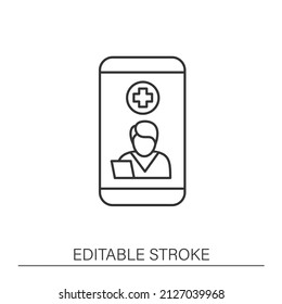  Smartphone Application Line Icon. Telemedicine, Health Care. Virtual Doctor Consultation. Online Medical Examinations.Telehealth Concept. Isolated Vector Illustration. Editable Stroke