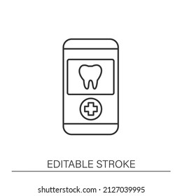 Smartphone Application Line Icon. Telemedicine, Health Care. Virtual Dentist Consultation. Dental Clinic. Online Medical Examinations.Telehealth Concept. Isolated Vector Illustration. Editable Stroke