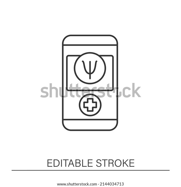  Smartphone application line icon.\
Telepsychiatry. Virtual consultation with psychiatrist. Online\
medical examinations.Telehealth concept. Isolated vector\
illustration. Editable stroke