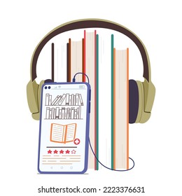 Smartphone Application for Listening Audio Books, Headphones and Stack of Textbooks Isolated on White Background. Online Library, App for Studying, Audiobook or Podcast. Cartoon Vector Illustration