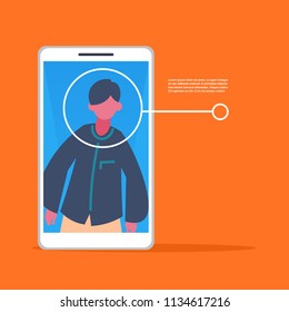 smartphone application man face identification authorization isometric copy space flat vector illustration