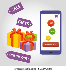 Smartphone application for online store with gifts and sale tags. Vector Illustration.