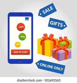 Smartphone application for online store with gifts and sale tags. Vector Illustration.