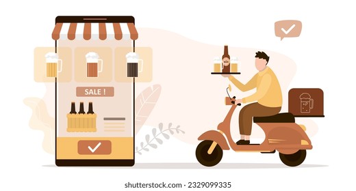 Smartphone with application for ordering craft beer online store. Mobile app with various assortment of draft beer and alcohol drinks. Deliveryman ride scooter and delivery fresh beer. flat vector