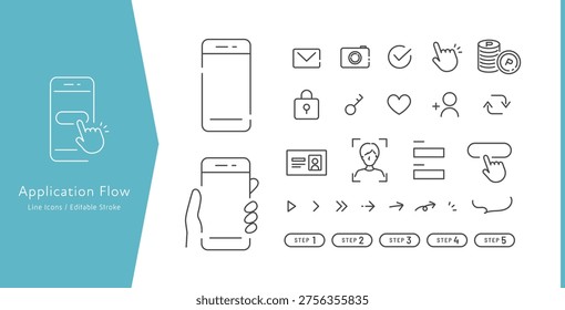 Smartphone Application, Registration and Contract Process Vector Icon Set (Editable stroke)